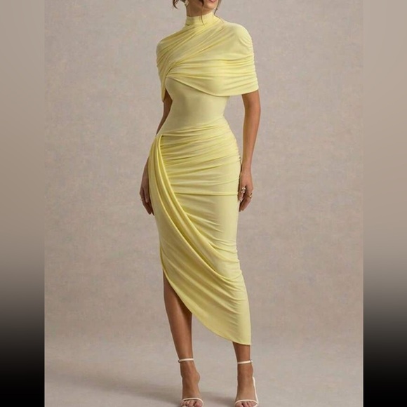 Dresses & Skirts - Yellow Asymmetric Ruched Midi Dress
